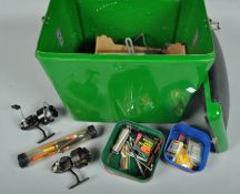 A seat box with coarse fishing tackle; reels,