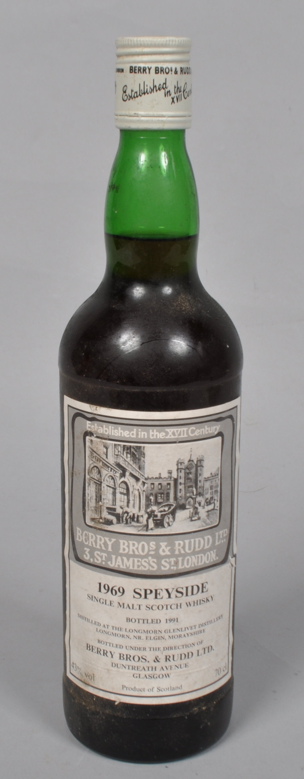 A bottle of 1969 Speyside Single malt whisky, bottled in 1991, 43% vol,