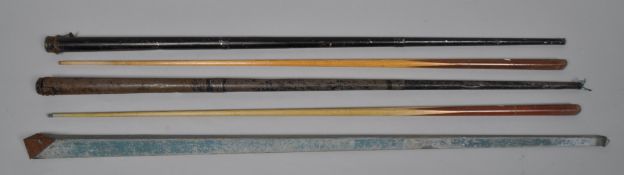 Three period metal snooker cue canes and two snooker cues