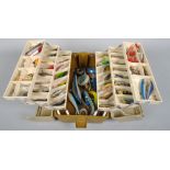 A cantilever tackle box containing approximately 80+ plugs, spinners,