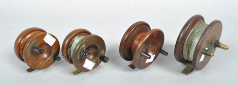 Four wooden starback centre pin fishing reels