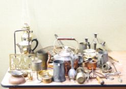 A collection of brass and metalware to include a gas lantern