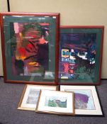 Two large abstract prints and other pictures