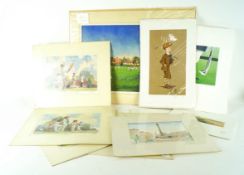 A group of unframed Hugh Cushens cricketing prints and other sporting prints