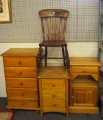A small pine five drawer chest along with two pine bedsides and a country chair