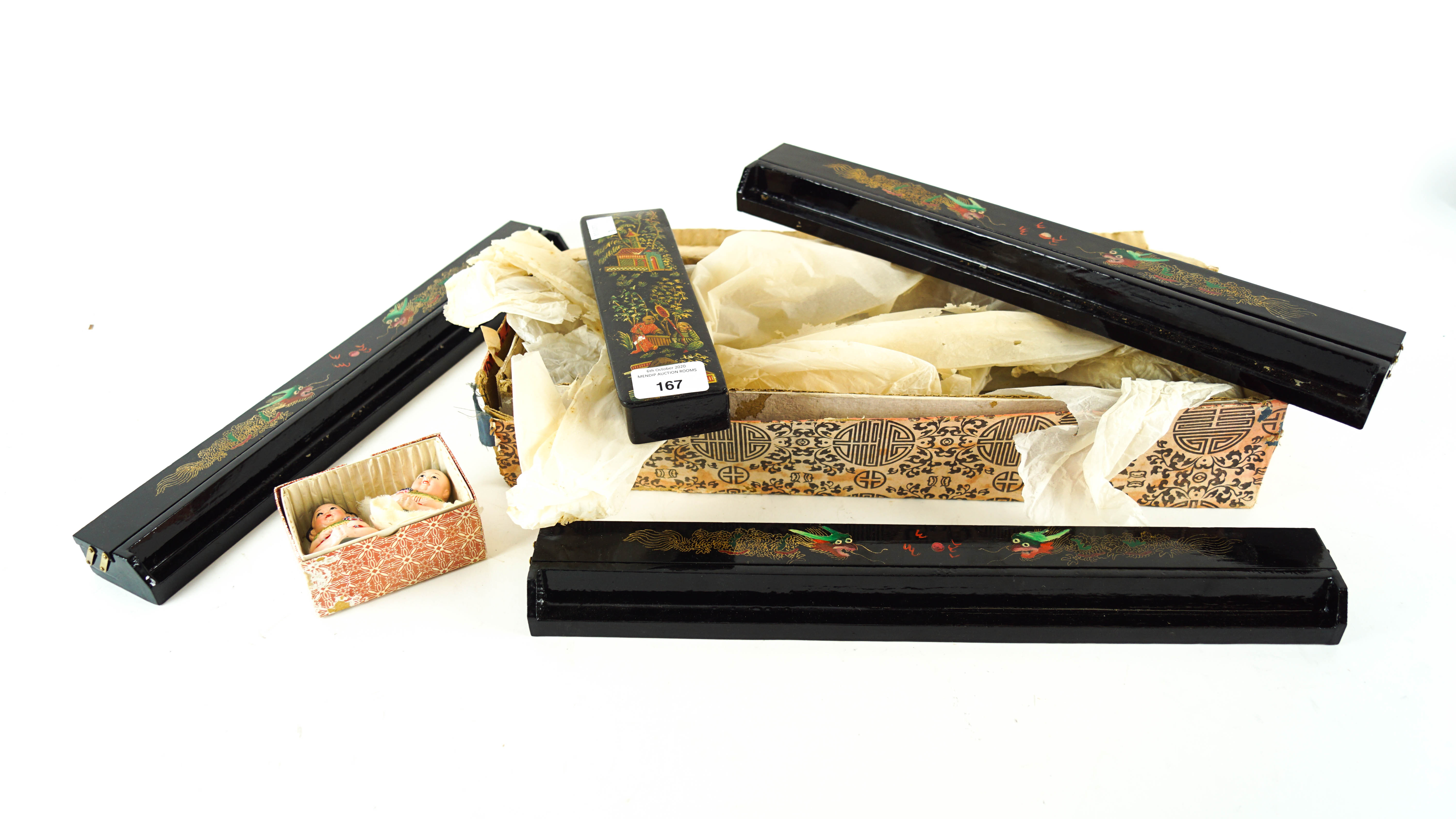 Oriental items to include lacquer ware and boxed figures