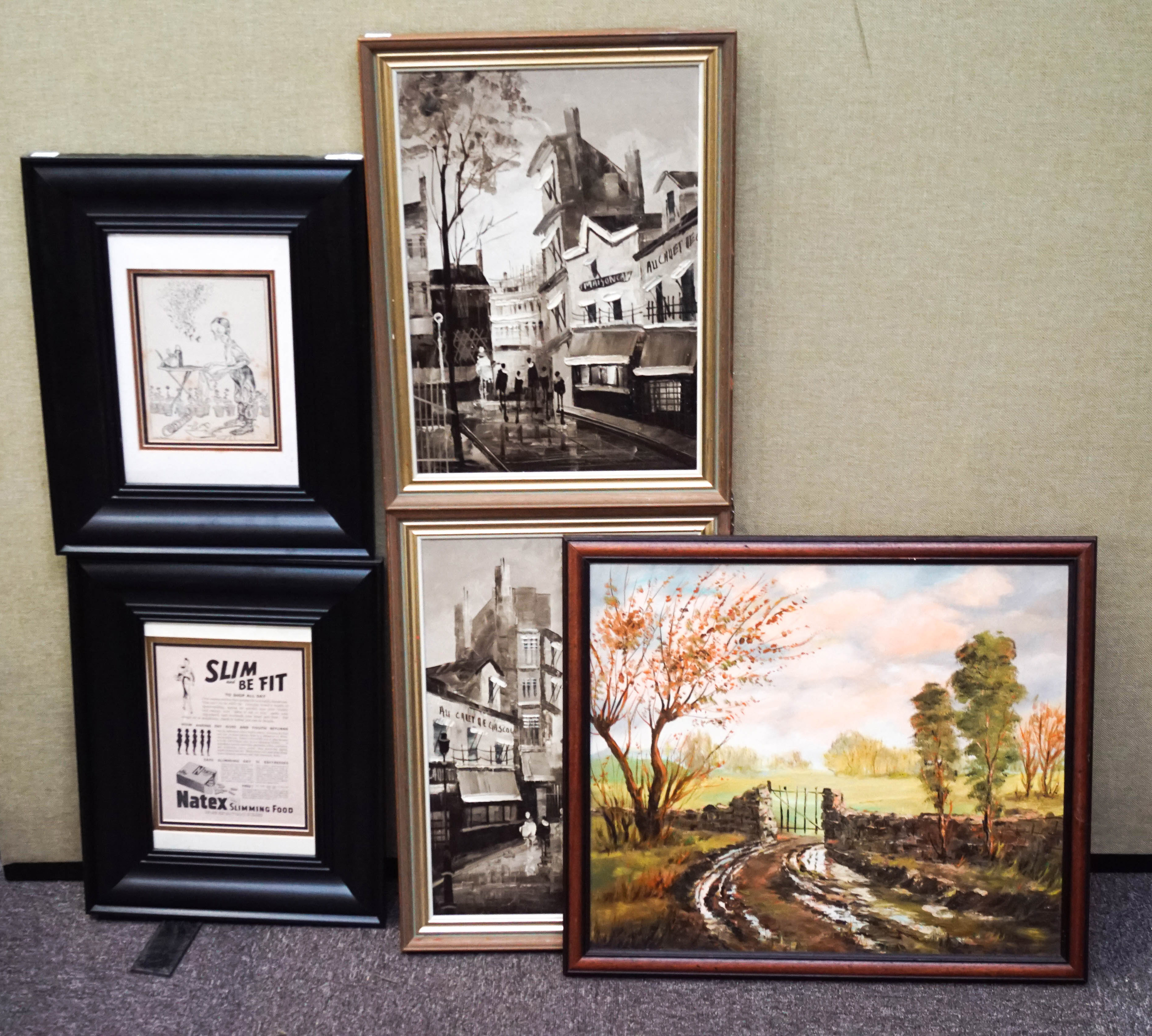 A set of three goache on canvas painting along with a framed advertising print and framed prints