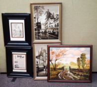 A set of three goache on canvas painting along with a framed advertising print and framed prints