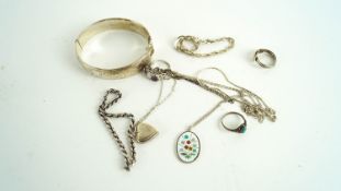 A collection of silver, to include three rings, four bracelets,