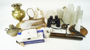 A brass oil lamp and other items