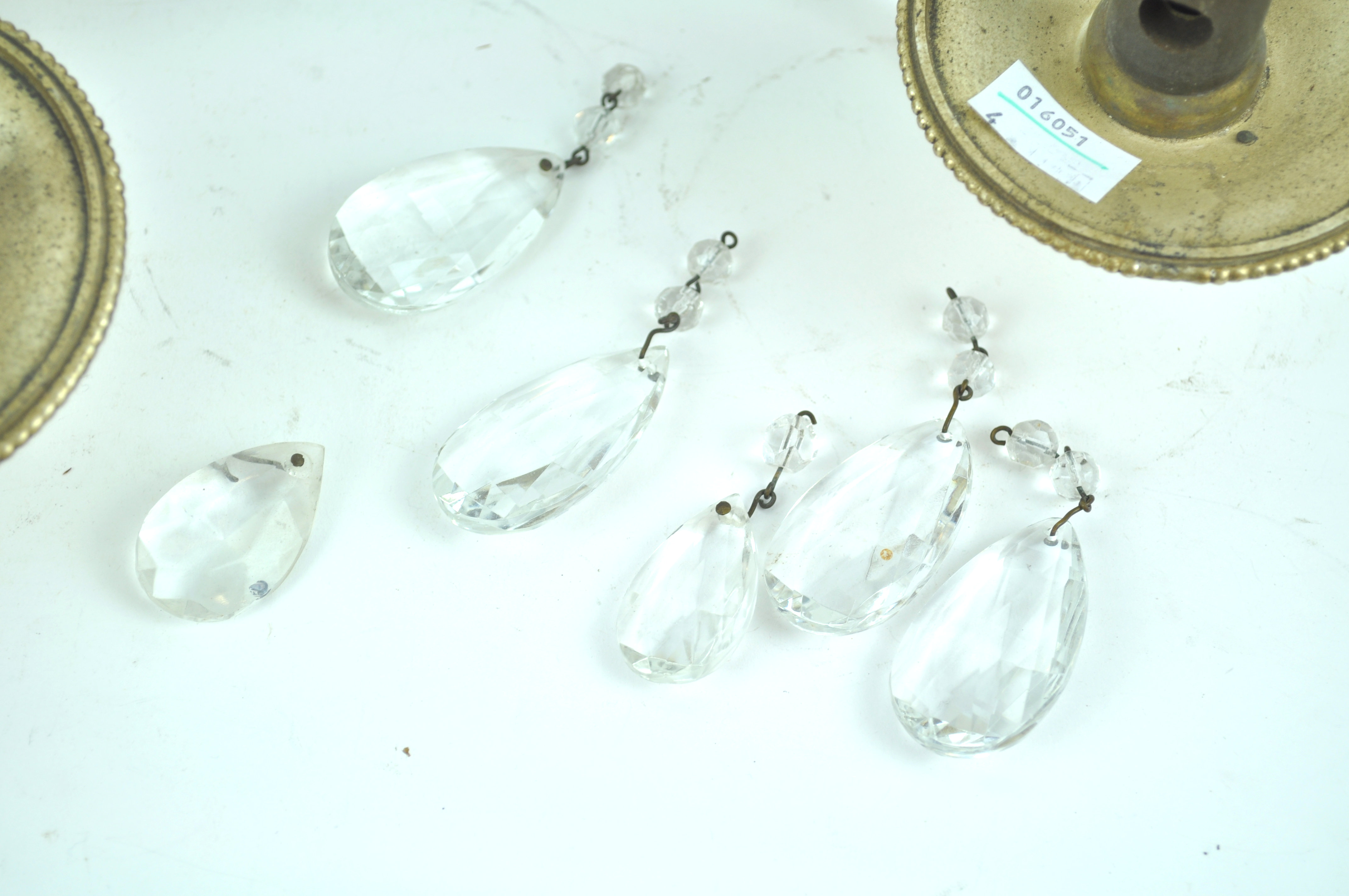 A pair of late 20th century two branch wall lights, each suspending matched glass drops, - Image 8 of 9