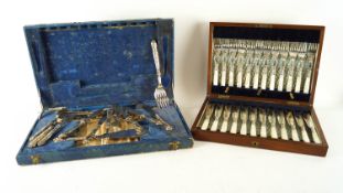 Mother of pearl handled fish knives and forks cased and another boxed set