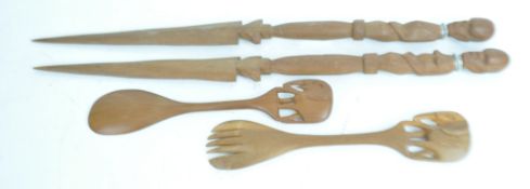 1960's East African teak wood salad spoons and spears