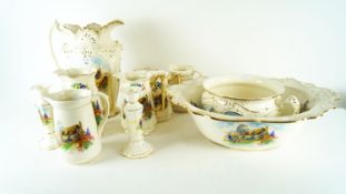 A set of Falcon ware, to include six jugs, a vase, a pair of candlesticks and a wash basin,
