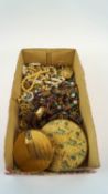 A box of jewellery including a Chinese hard stone necklace