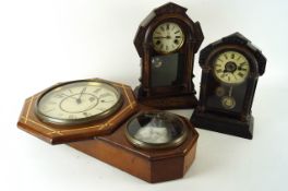 A wood drop dial style wall clock and two mantel clocks