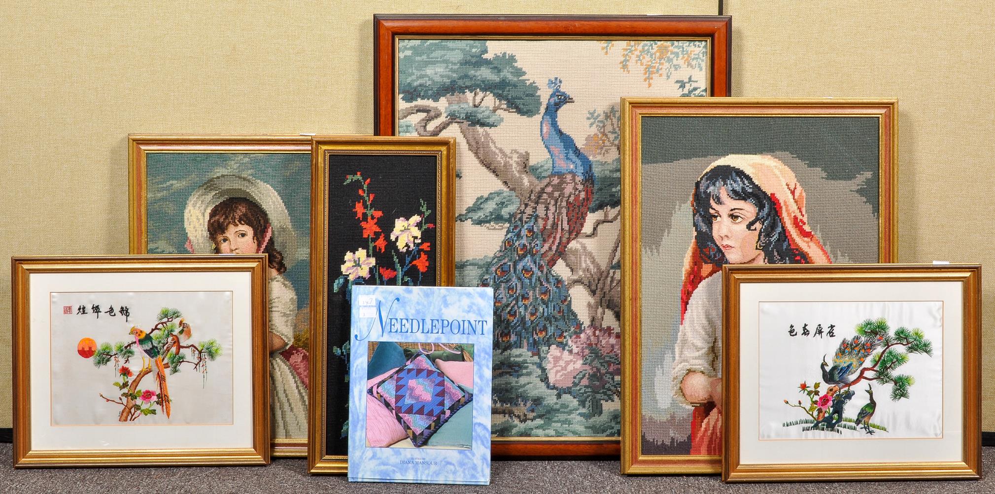 A group of framed tapestries to include; a peacock, Romany girl,