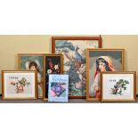 A group of framed tapestries to include; a peacock, Romany girl,