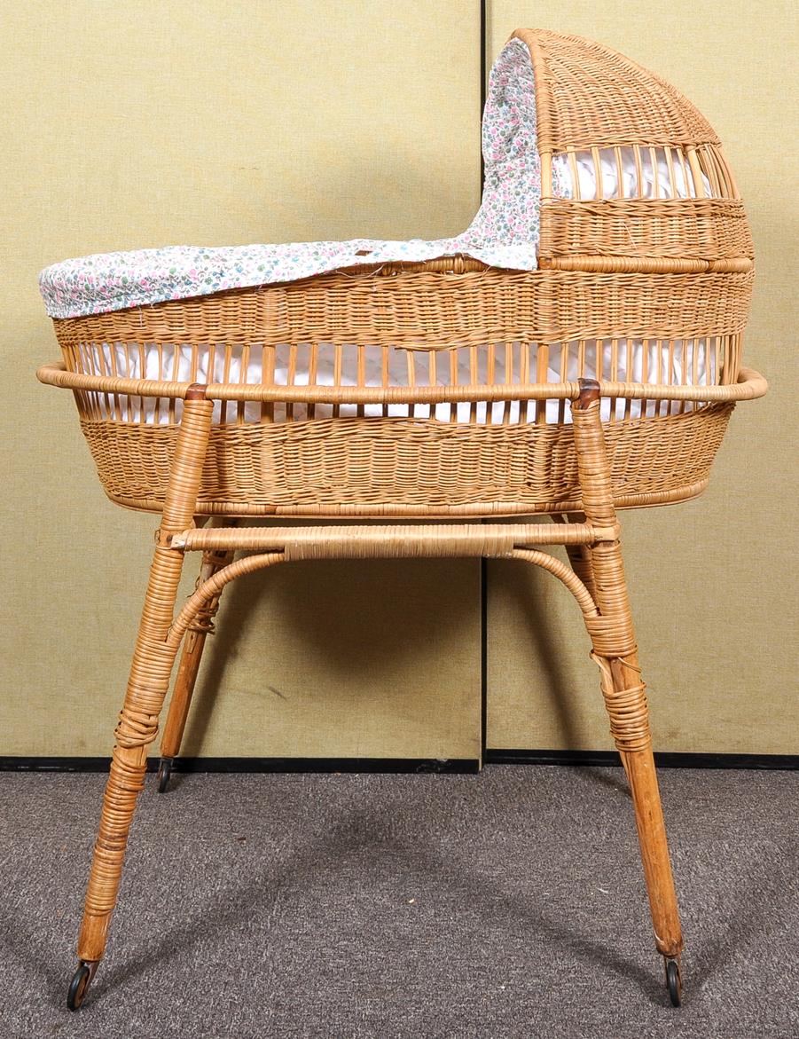 A 1960's retro vintage wicker weaved childs cradle on stand and castors. - Image 2 of 2