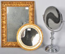 Two gilt framed mirrors, one being heavily foxed along with a chromed shaving mirror.