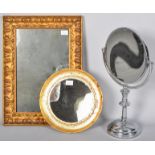 Two gilt framed mirrors, one being heavily foxed along with a chromed shaving mirror.