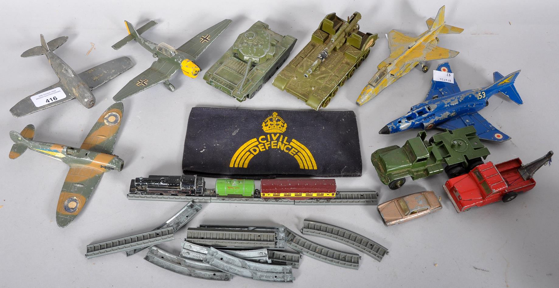 A collection of diecast toy cars and other items, including: a dinky centurion tank,