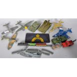 A collection of diecast toy cars and other items, including: a dinky centurion tank,