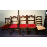 A set of five assorted chairs with three oak examples. Largest measures;; 96cm.