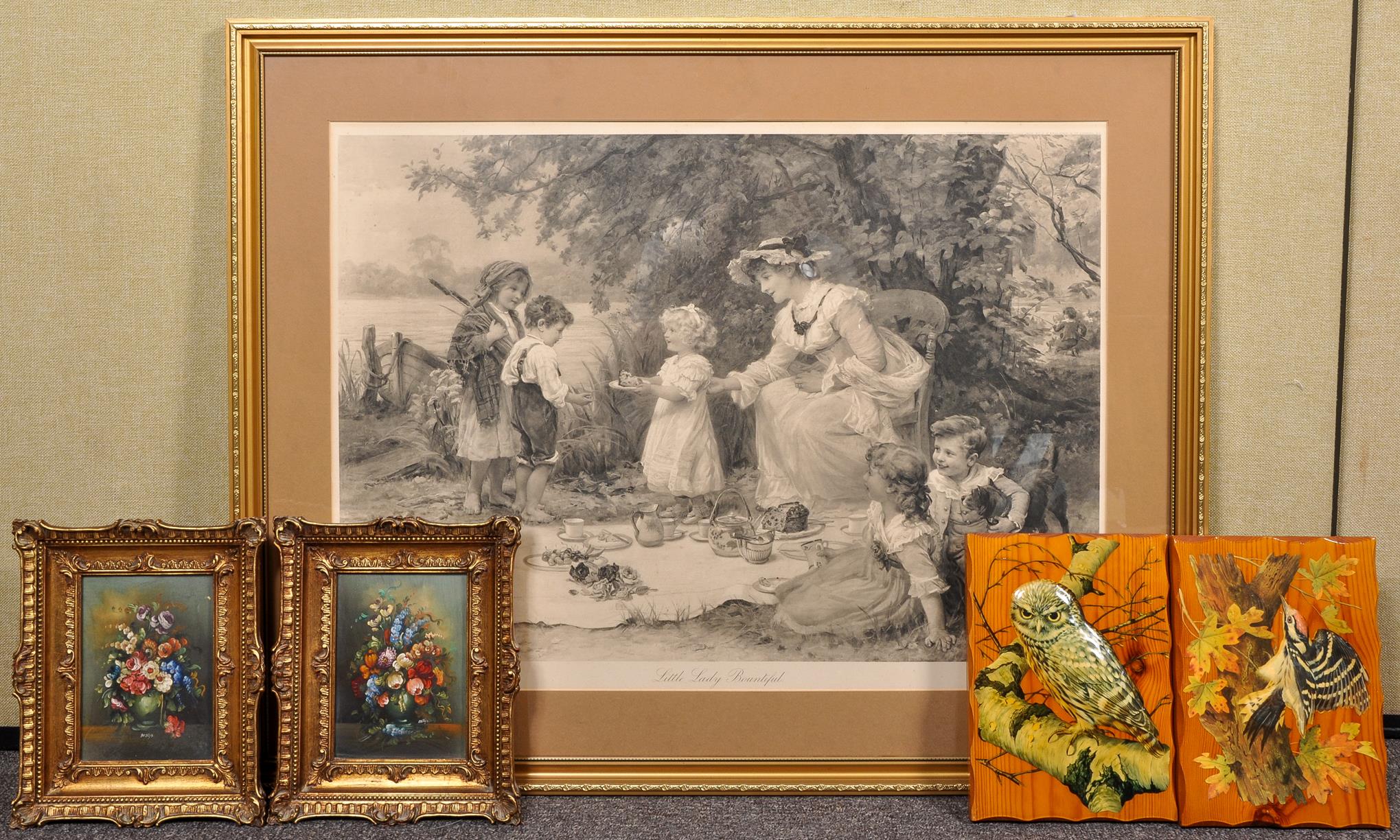 A 19th century portrait print along with two paint lacquered pin plaques and two prints