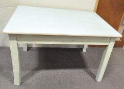 A 1950's painted and formica topped kitchen table on squared legs. Measures; 76cm x 23cm x 91cm.