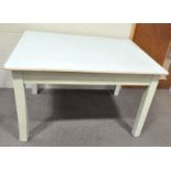 A 1950's painted and formica topped kitchen table on squared legs. Measures; 76cm x 23cm x 91cm.