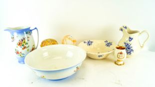 Two porcelain bowl and jug wash sets to include one by Cottage along with two deco glass light