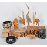 A collection of carved wooden figures, animals, mosaic boxes, carved Chinese box,