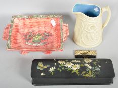 A collection of assorted items to include; papier mache box/lustre dish,