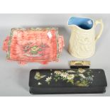 A collection of assorted items to include; papier mache box/lustre dish,