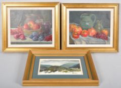 Two goache framed paintings along with an oil on canvas landscape. Measures; 35cm x 40cm.