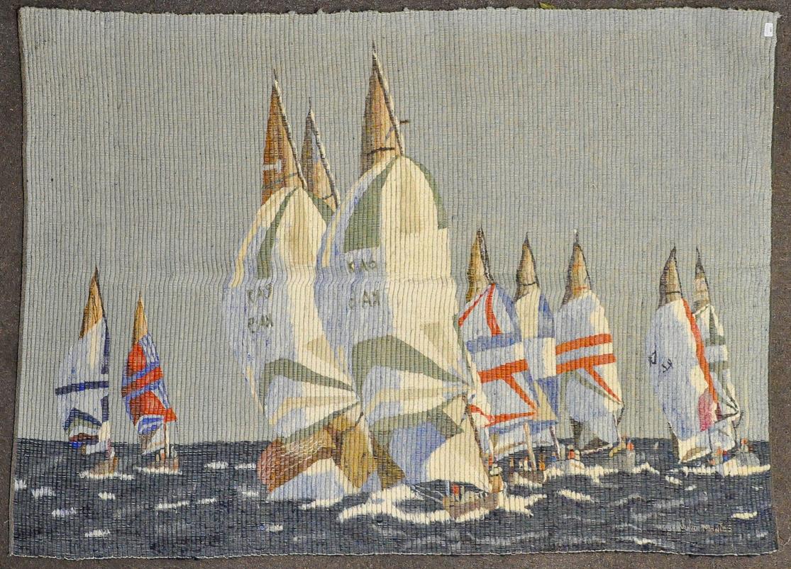 A large contemporary fabric wall hanging depicting racing yachts.