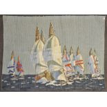 A large contemporary fabric wall hanging depicting racing yachts.