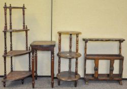 A whatnot with tooled tips, table, magazine rack and another whatnot. Tallest measures; 101cm.