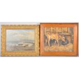 Two 19th century framed oil paintings to include scenes of a calf and a seascape