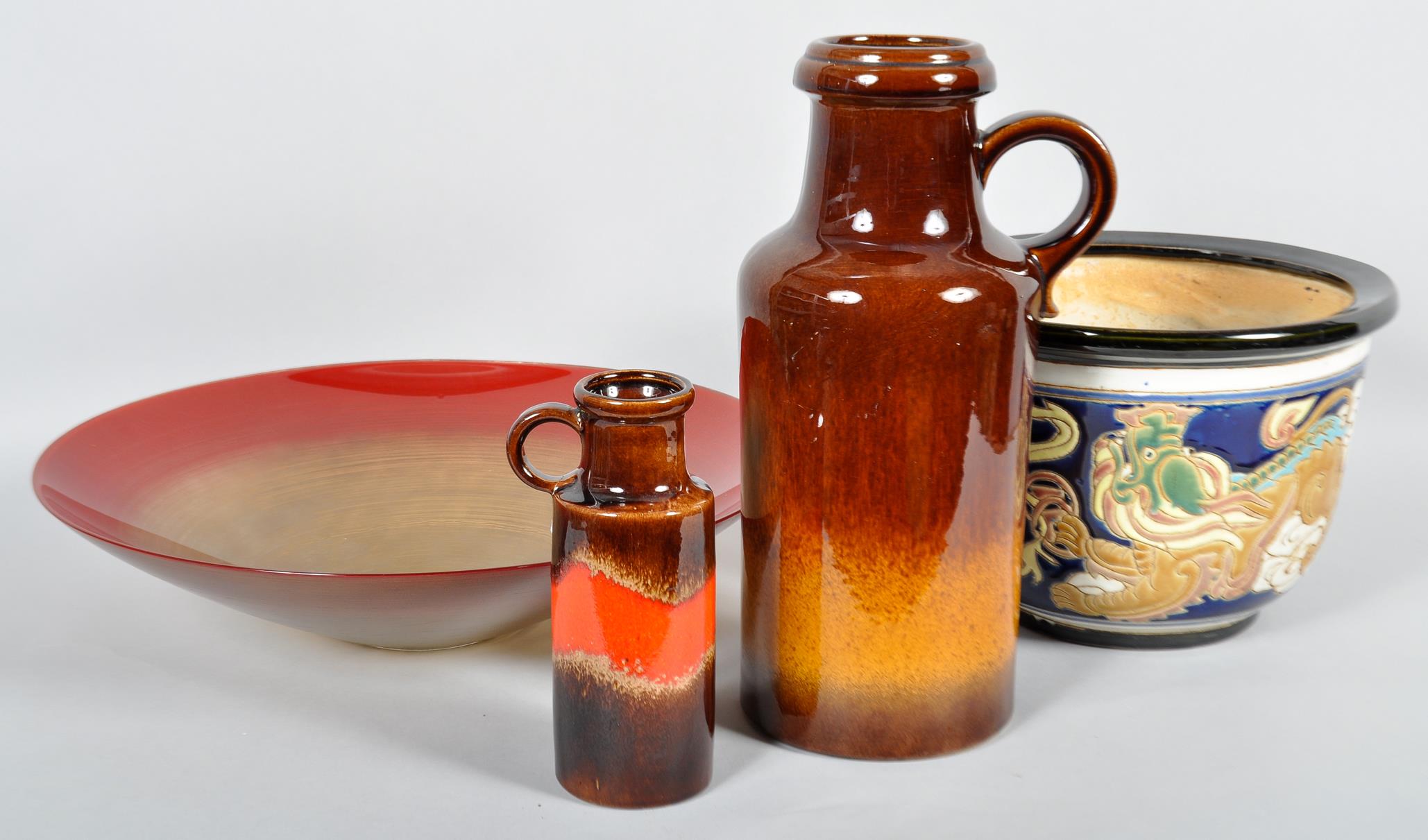 A 20th Century Chinese enamelled planter with two West German pottery jugs