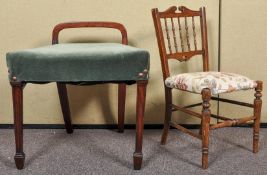 A mahogany dressing stool having a deep overstuffed and upholstered seat with short back rail,