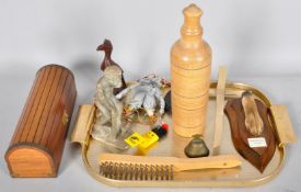 A turned wood bottle and stopped, an Indian wooden match box and hinged cover,