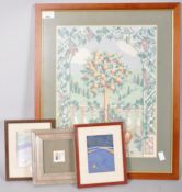 A woolwork tapestry picture of an orange tree together with two embroideries and a needlework