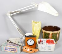 A collection of assorted items to include; retro anglepoise type lamp, West German planter,