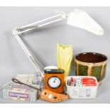 A collection of assorted items to include; retro anglepoise type lamp, West German planter,