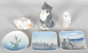 A Royal Copenhagen model of a cat, an owl, a pair of ducks and three trinket-dishes