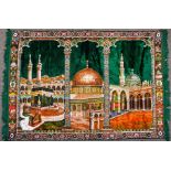 A wall hanging rug with green ground depicting middle eastern scene