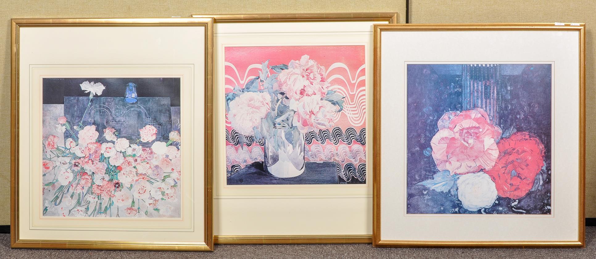 After Macintosh, Begonias print, framed and glazed along with two other prints.