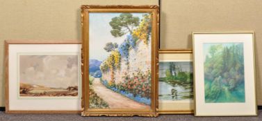 A collection of framed and glazed watercolours, pastel and print. Largest measures; 65cm x 45cm.